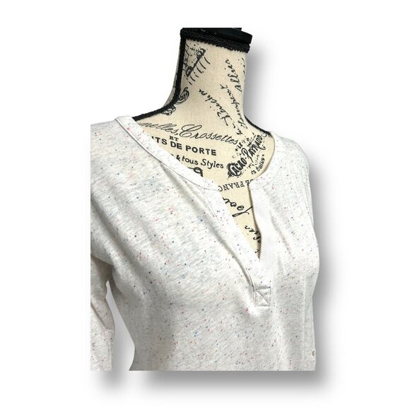 T by Talbots S Gray Speckled Cotton Split Neck Henley Roll Tab Sleeves Casual - Picture 2 of 8